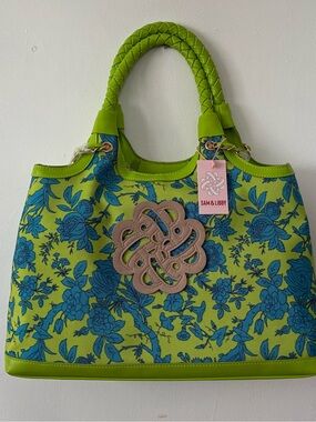 Sam & Libby Lime Green Tote with Blue Floral Print and Braided Handles